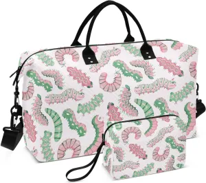 VIGTRO Travel Duffel Bag Weekender Overnight Bag with Toiletry Bag Cute Cartoon Caterpillars Centipedes Printed, Carry On Luggage Bag for Hospital Gym Travel Business, 2 Pcs Set