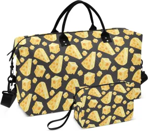 VIGTRO Travel Duffel Bag Weekender Overnight Bag with Toiletry Bag Square and Triangular Cheese Printed, Carry On Luggage Bag for Hospital Gym Travel Business, 2 Pcs Set