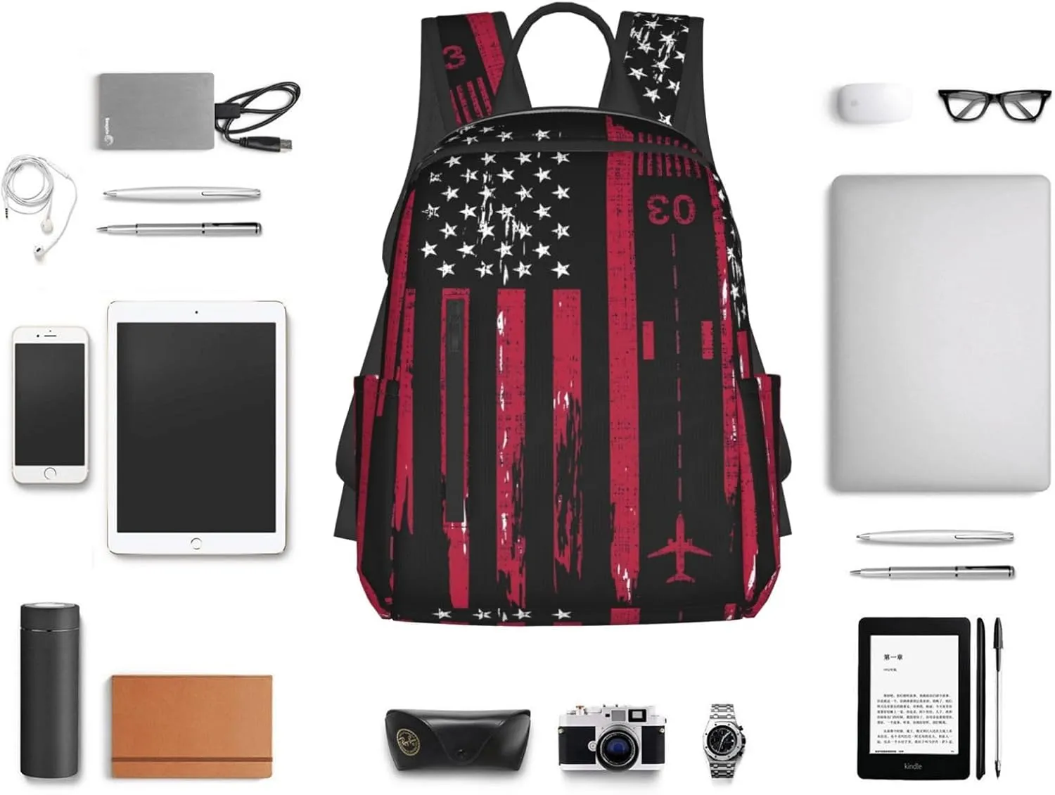 Vintage Airplane American Flag Casual Backpacks Laptop Backpack Outdoor Travel Rucksack Sport Carry-On Daypack Lightweight Bag with Multi-Pockets