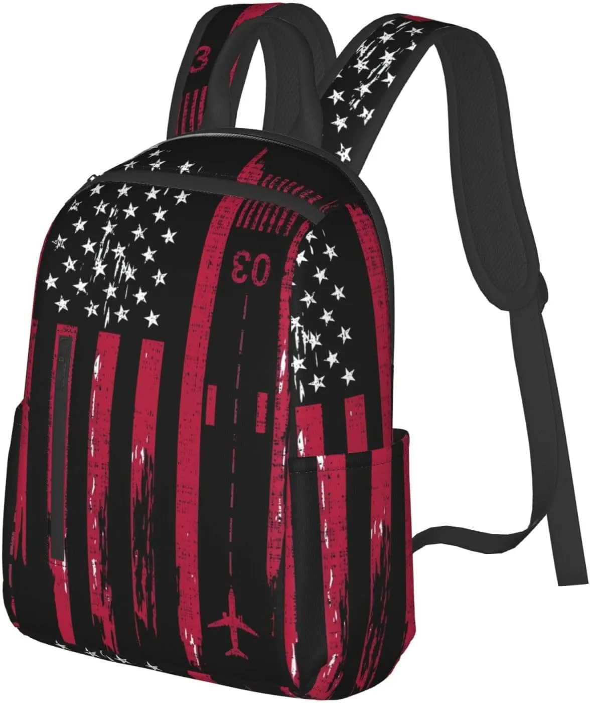 Vintage Airplane American Flag Casual Backpacks Laptop Backpack Outdoor Travel Rucksack Sport Carry-On Daypack Lightweight Bag with Multi-Pockets