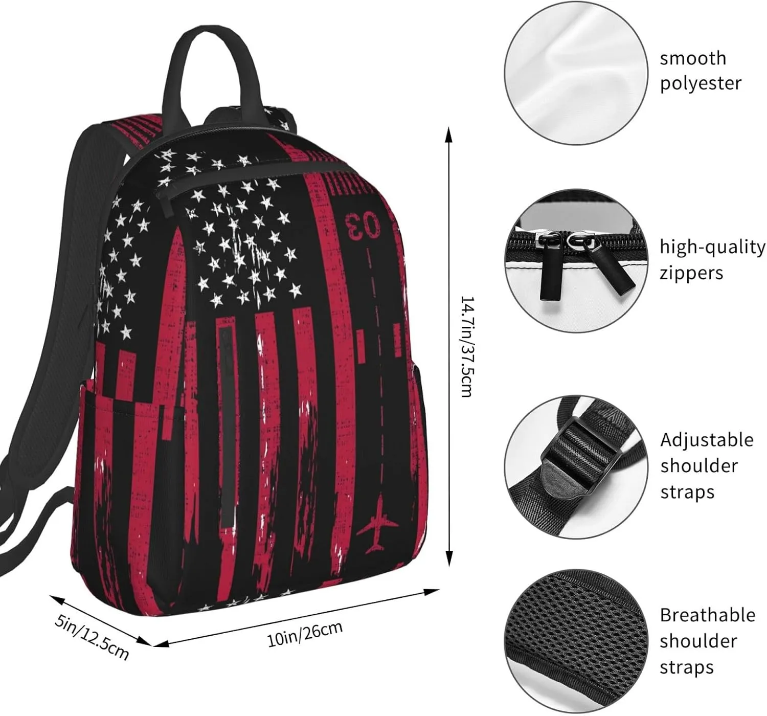 Vintage Airplane American Flag Casual Backpacks Laptop Backpack Outdoor Travel Rucksack Sport Carry-On Daypack Lightweight Bag with Multi-Pockets