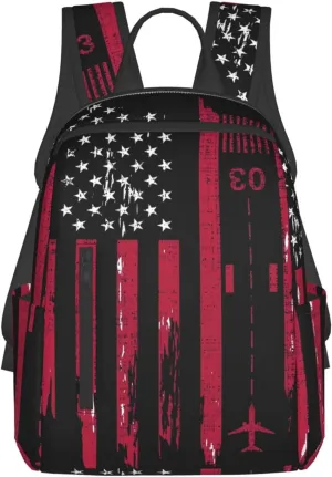 Vintage Airplane American Flag Casual Backpacks Laptop Backpack Outdoor Travel Rucksack Sport Carry-On Daypack Lightweight Bag with Multi-Pockets