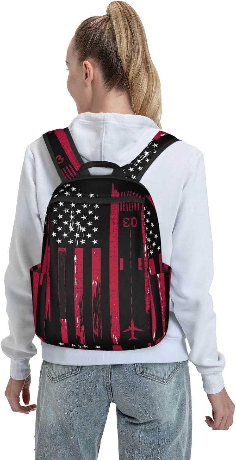 Vintage Airplane American Flag Casual Backpacks Laptop Backpack Outdoor Travel Rucksack Sport Carry-On Daypack Lightweight Bag with Multi-Pockets