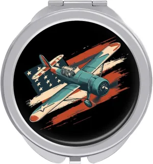 Vintage Airplane US Flag Compact Makeup Mirror Mini Foldable Cosmetic Mirror Portable Travel Mirror for Purse Pocket