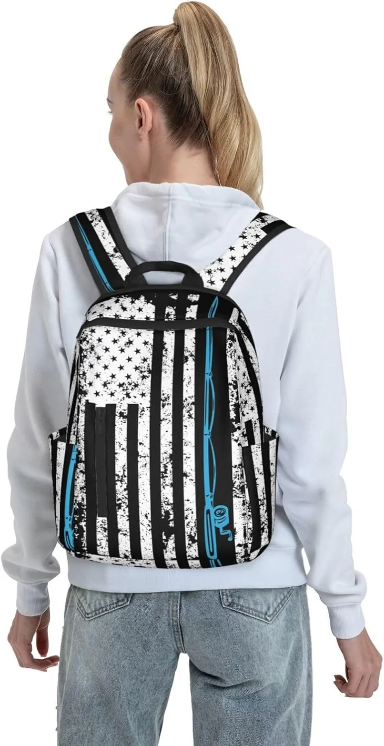 Vintage American Fishing Flag Casual Backpacks Laptop Backpack Outdoor Travel Rucksack Sport Carry-On Daypack Lightweight Bag with Multi-Pockets