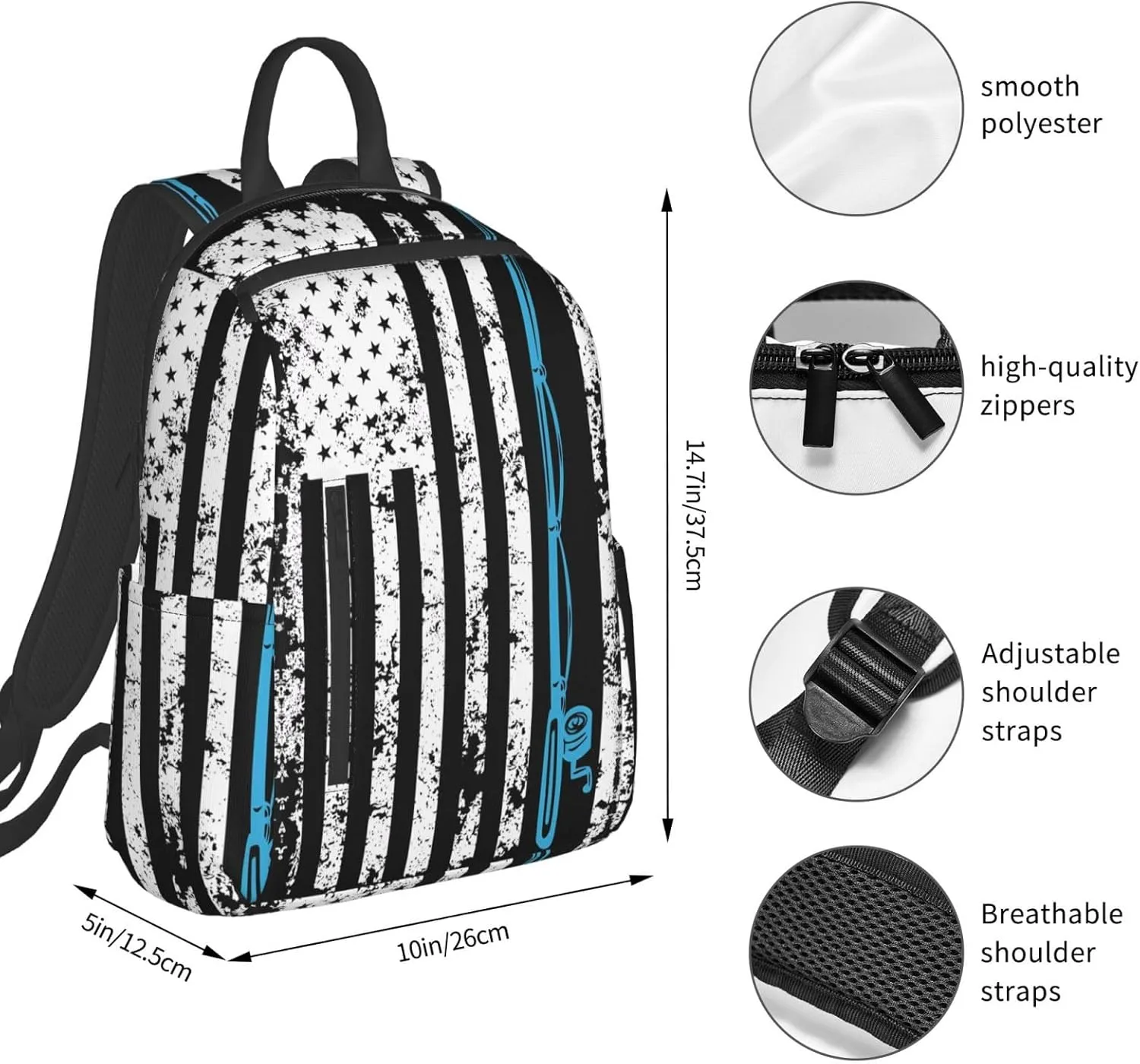Vintage American Fishing Flag Casual Backpacks Laptop Backpack Outdoor Travel Rucksack Sport Carry-On Daypack Lightweight Bag with Multi-Pockets