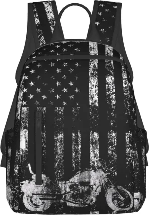 Vintage American Motorcycle Flag Dirt Bike Rider Motocross Casual Backpacks Laptop Backpack Outdoor Travel Rucksack Sport Carry-On Daypack Lightweight Bag with Multi-Pockets