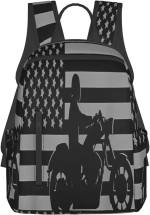 Vintage American Motorcycle Flag Dirt Bike Rider Motocross Casual Backpacks Laptop Backpack Outdoor Travel Rucksack Sport Carry-On Daypack Lightweight Bag with Multi-Pockets