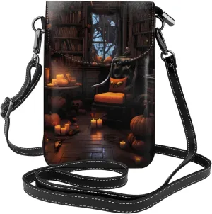 Vintage Bookshelf Leather Crossbody Bag For Women, Halloween Painted Small Cell Phone Purse Mini Shoulder Phone Bag Wallet Pouch