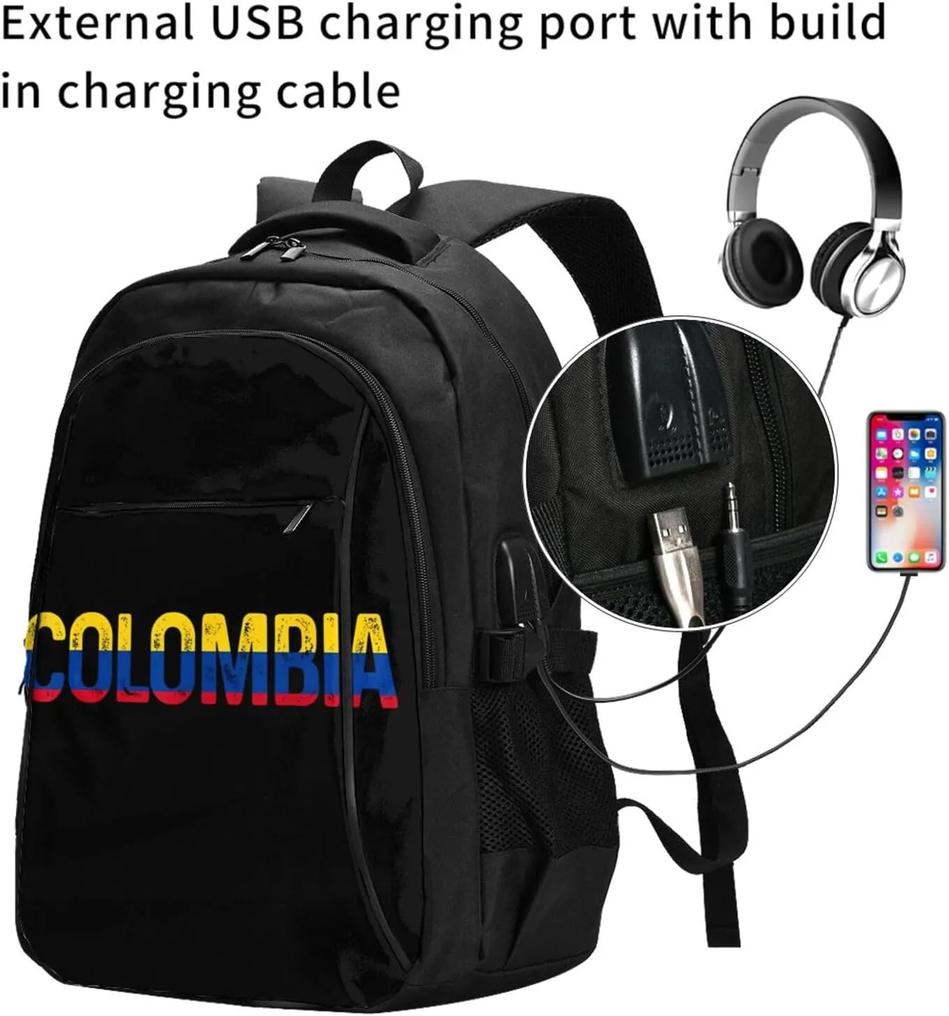 Vintage Colombia Colombian Pride Flag Travel Backpacks Casual Backpack Large Capacity Laptop Rucksack Luggage Daypacks with USB Charging Port Multi-Pockets Bags for Hiking