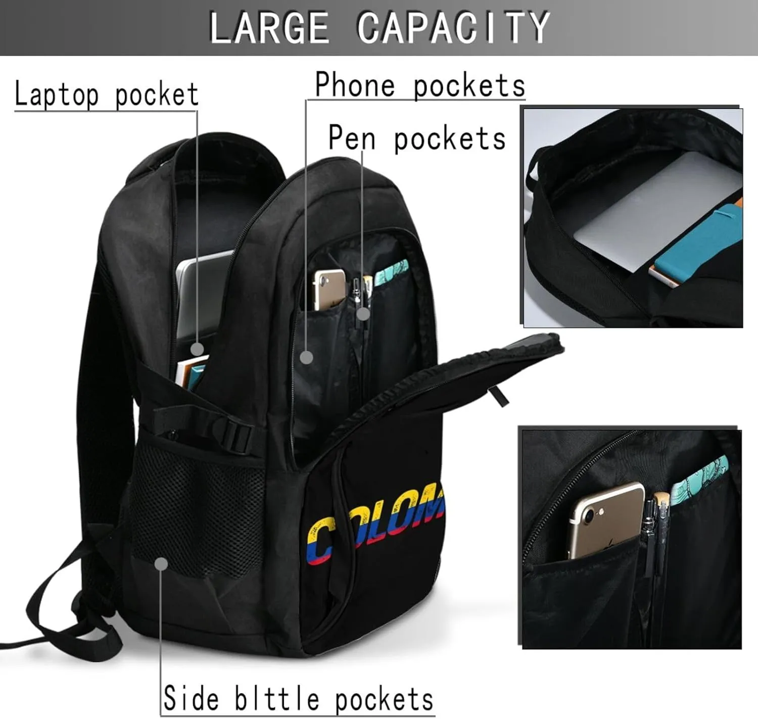 Vintage Colombia Colombian Pride Flag Travel Backpacks Casual Backpack Large Capacity Laptop Rucksack Luggage Daypacks with USB Charging Port Multi-Pockets Bags for Hiking