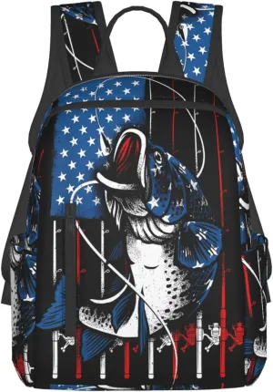 Vintage Fishing American Flag Casual Backpacks Laptop Backpack Outdoor Travel Rucksack Sport Carry-On Daypack Lightweight Bag with Multi-Pockets