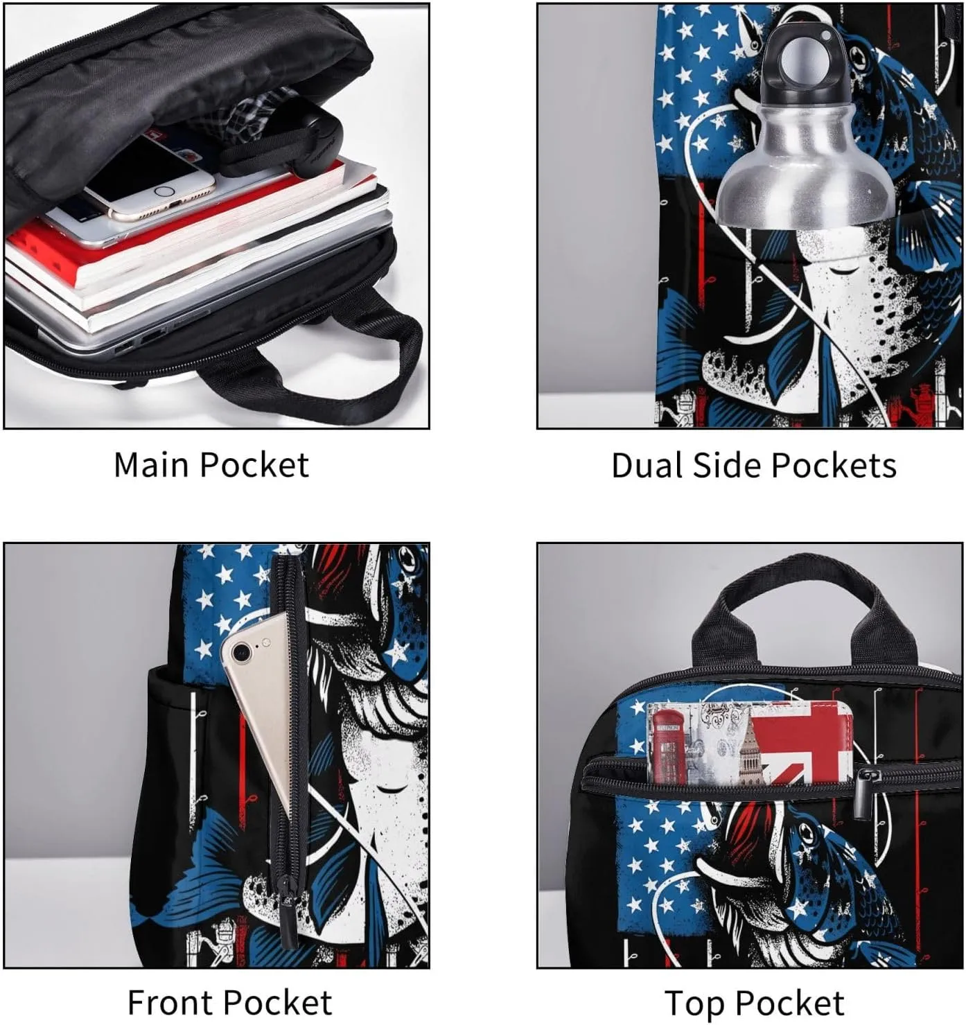 Vintage Fishing American Flag Casual Backpacks Laptop Backpack Outdoor Travel Rucksack Sport Carry-On Daypack Lightweight Bag with Multi-Pockets