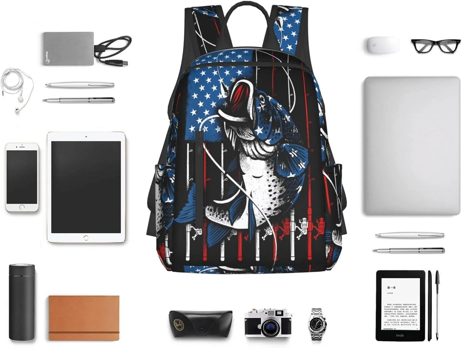 Vintage Fishing American Flag Casual Backpacks Laptop Backpack Outdoor Travel Rucksack Sport Carry-On Daypack Lightweight Bag with Multi-Pockets