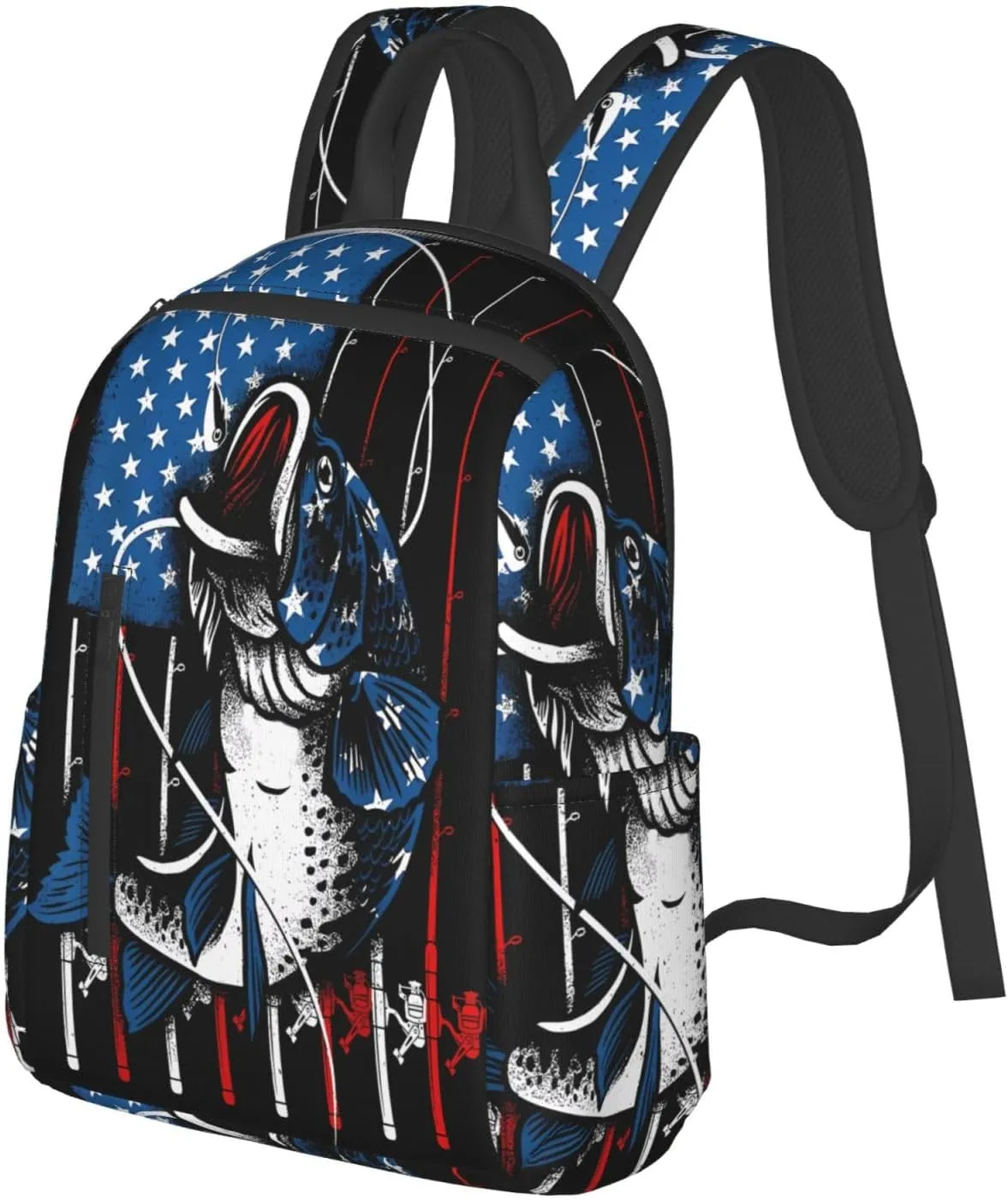 Vintage Fishing American Flag Casual Backpacks Laptop Backpack Outdoor Travel Rucksack Sport Carry-On Daypack Lightweight Bag with Multi-Pockets