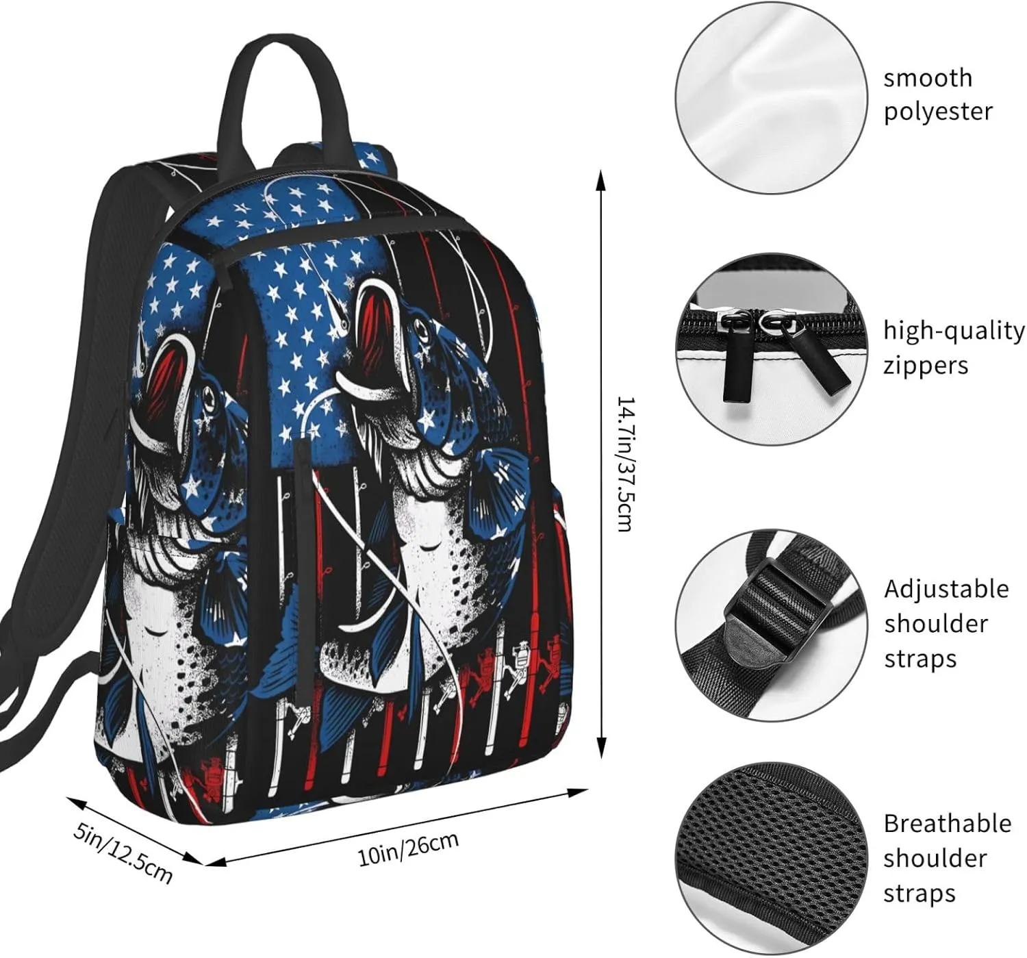 Vintage Fishing American Flag Casual Backpacks Laptop Backpack Outdoor Travel Rucksack Sport Carry-On Daypack Lightweight Bag with Multi-Pockets