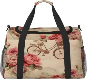 Vintage Floral Bike Travel Duffel Bag with Strap Multi Pockets Sports Bag Handbag Large Shoulder Bag for Gym Weekend Fitness Camping