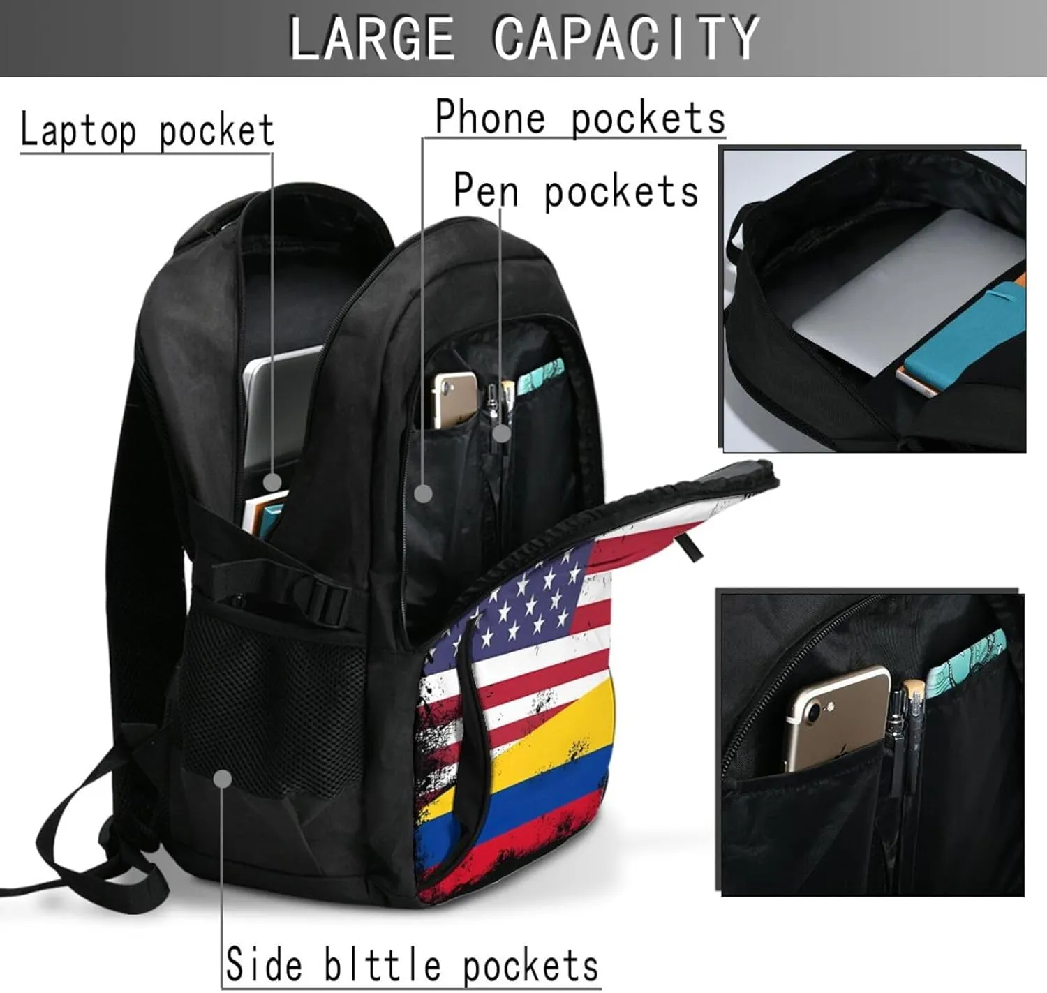 Vintage Half Colombian Colombia Half American Flag Travel Backpacks Casual Backpack Large Capacity Laptop Rucksack Luggage Daypacks with USB Charging Port Multi-Pockets Bags for Hiking