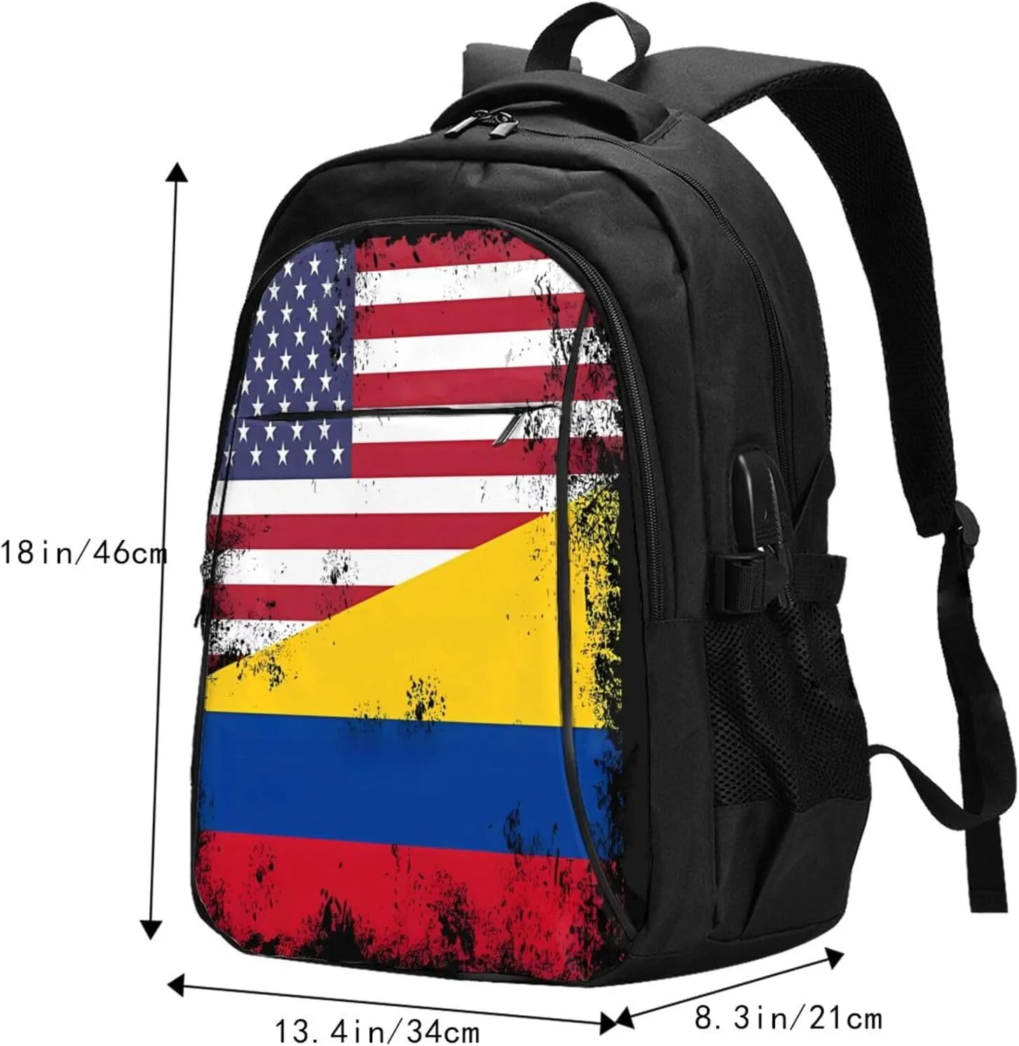 Vintage Half Colombian Colombia Half American Flag Travel Backpacks Casual Backpack Large Capacity Laptop Rucksack Luggage Daypacks with USB Charging Port Multi-Pockets Bags for Hiking