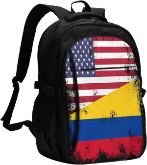 Vintage Half Colombian Colombia Half American Flag Travel Backpacks Casual Backpack Large Capacity Laptop Rucksack Luggage Daypacks with USB Charging Port Multi-Pockets Bags for Hiking