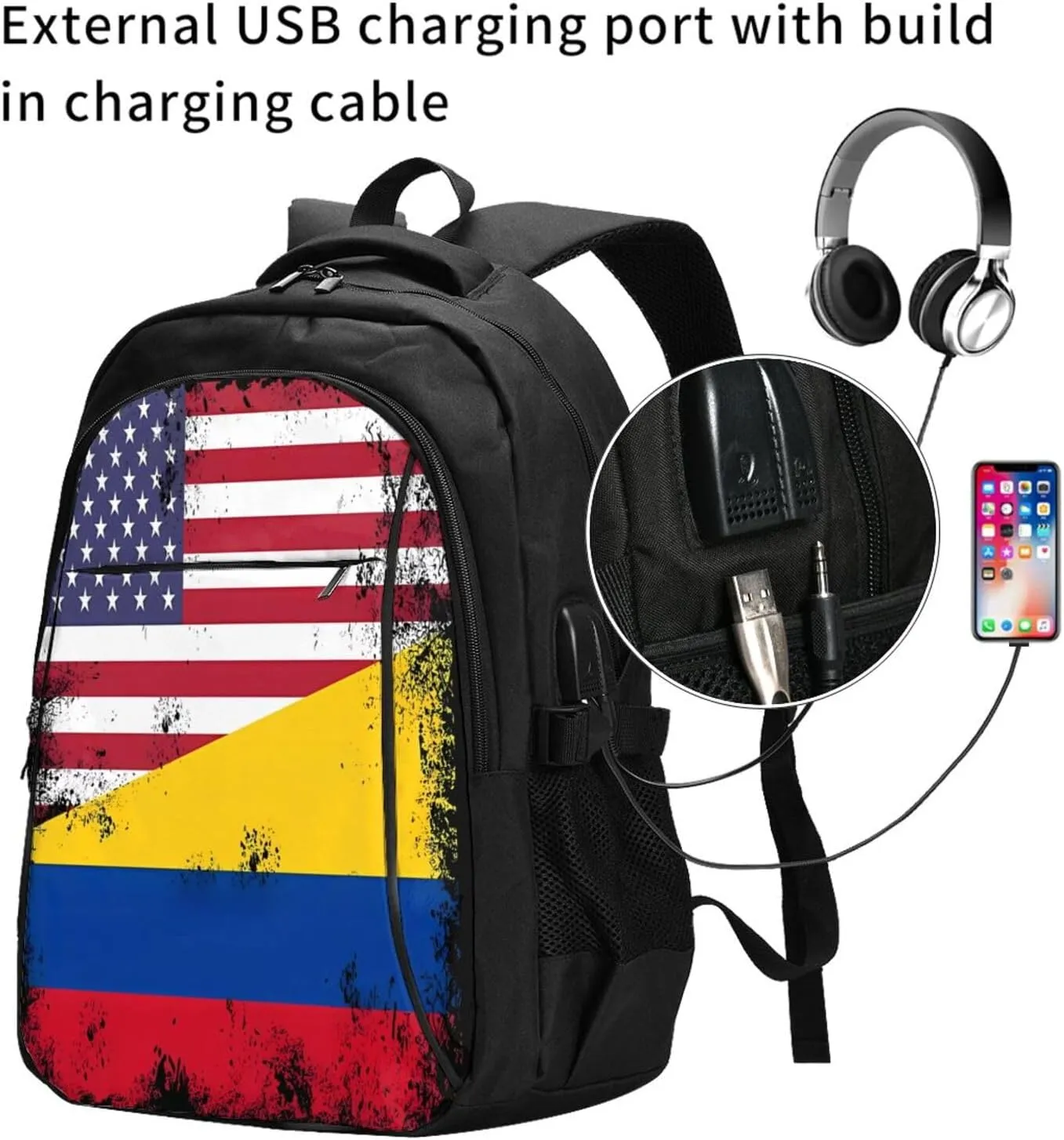 Vintage Half Colombian Colombia Half American Flag Travel Backpacks Casual Backpack Large Capacity Laptop Rucksack Luggage Daypacks with USB Charging Port Multi-Pockets Bags for Hiking
