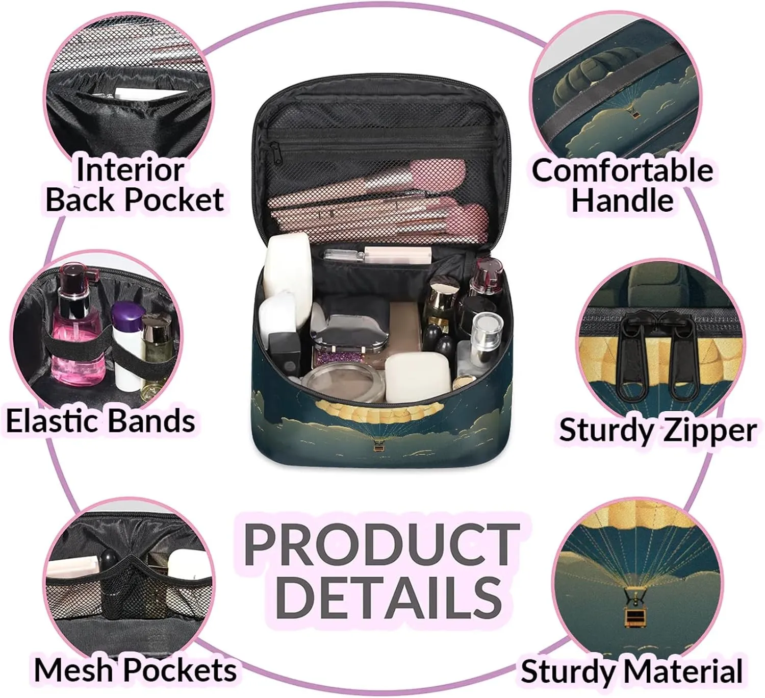 Vintage Hot Air Balloon Travel Toiletry Bag Large Capacity Makeup Case Organizer with Handle Cosmetic Case for Women Girls