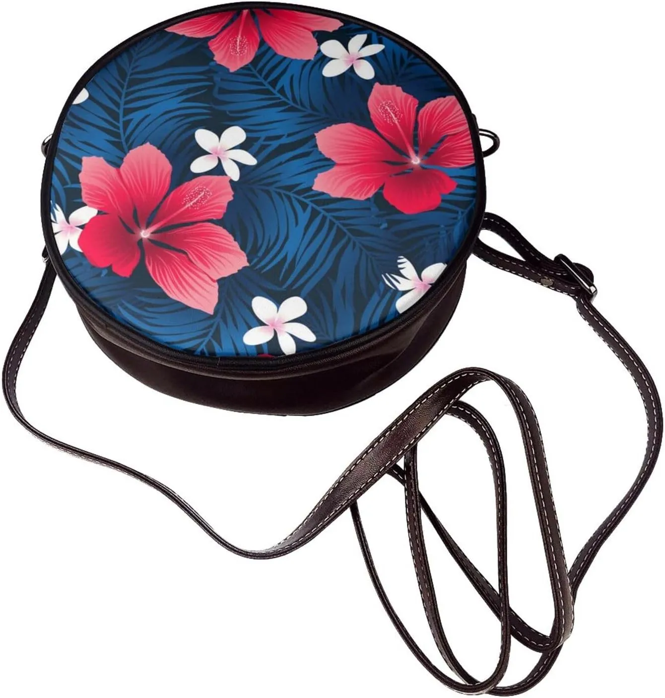 Vintage Leather Circle Shoulder Bag Purses Handbags for Women Small Round Beach Bags with Adjustable Straps