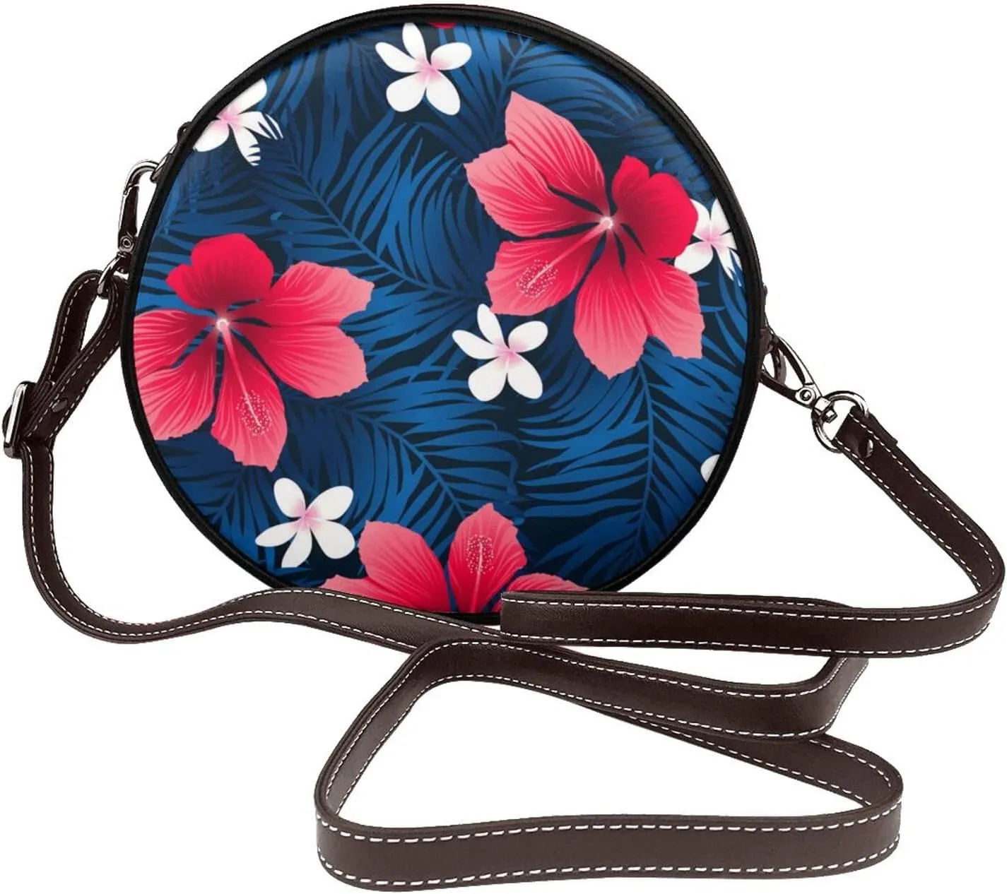 Vintage Leather Circle Shoulder Bag Purses Handbags for Women Small Round Beach Bags with Adjustable Straps