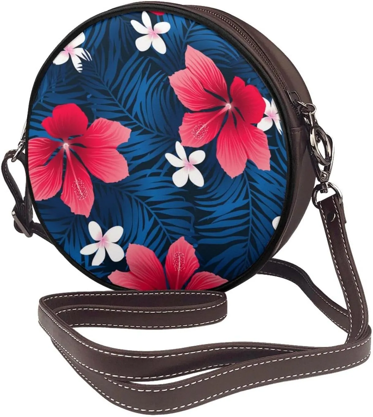 Vintage Leather Circle Shoulder Bag Purses Handbags for Women Small Round Beach Bags with Adjustable Straps