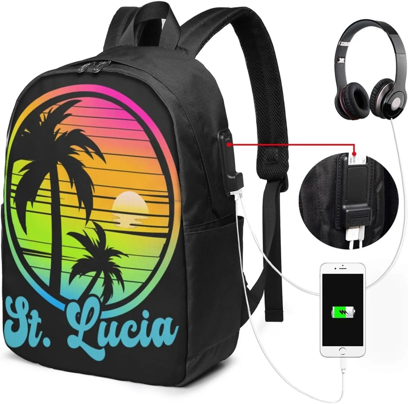 Vintage Saint Lucian Lucia Sunset Tropical Beach 80s Laptop Backpacks Travel Backpack Casual Business Daypack Sport Rucksack Computer Bag Fits up to 17 Inch Notebook with USB Port