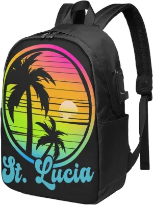 Vintage Saint Lucian Lucia Sunset Tropical Beach 80s Laptop Backpacks Travel Backpack Casual Business Daypack Sport Rucksack Computer Bag Fits up to 17 Inch Notebook with USB Port