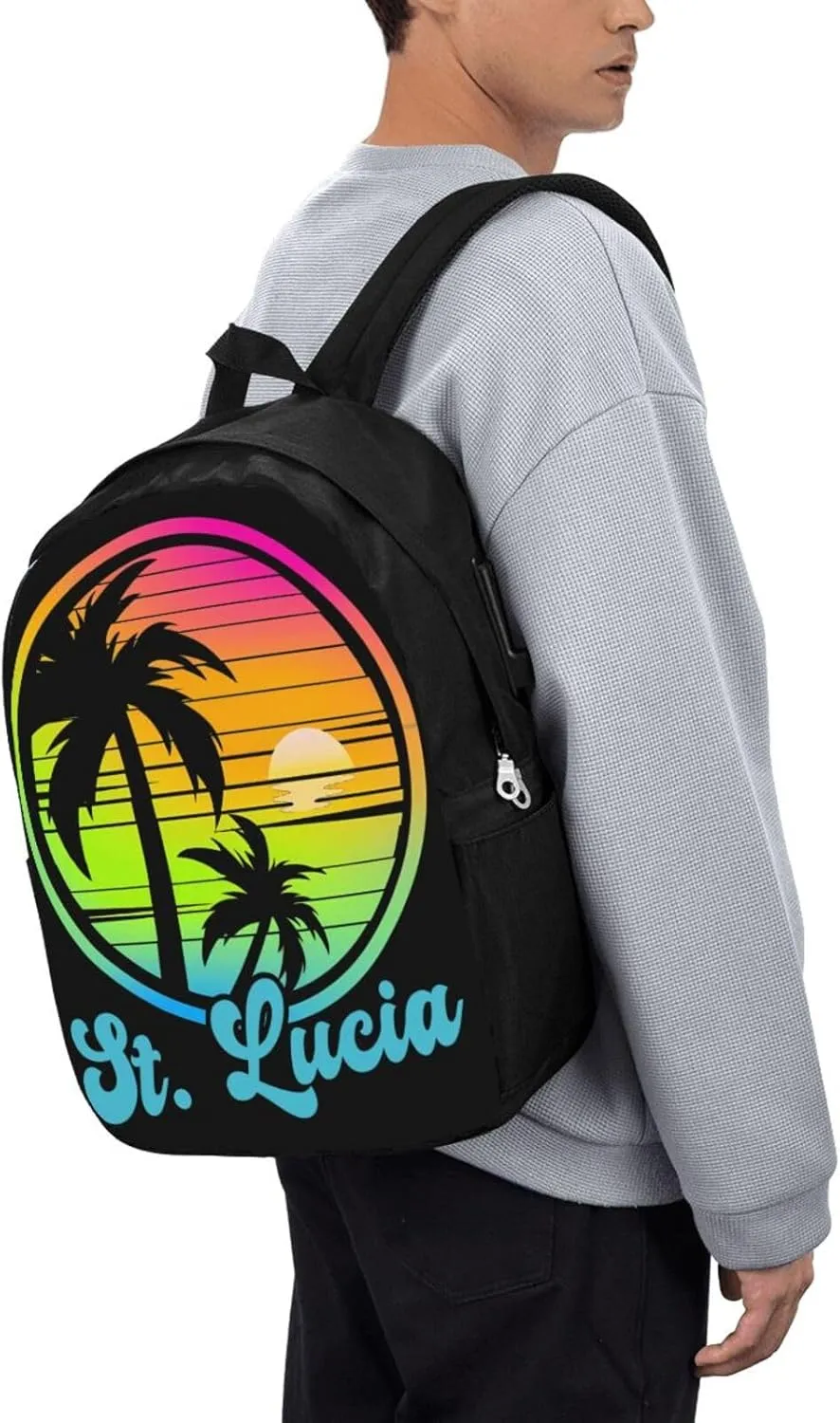 Vintage Saint Lucian Lucia Sunset Tropical Beach 80s Laptop Backpacks Travel Backpack Casual Business Daypack Sport Rucksack Computer Bag Fits up to 17 Inch Notebook with USB Port