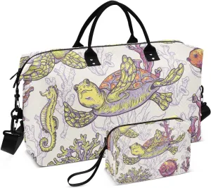 Vintage Sea Life Natural Fish Sea Turtle Shells and Seaweed Travel Duffle Bag, Large Weekender Overnight Bags for Women Men Waterproof Carry on Shoulder Tote Bags for Hospital Maternity Mommy Gym with