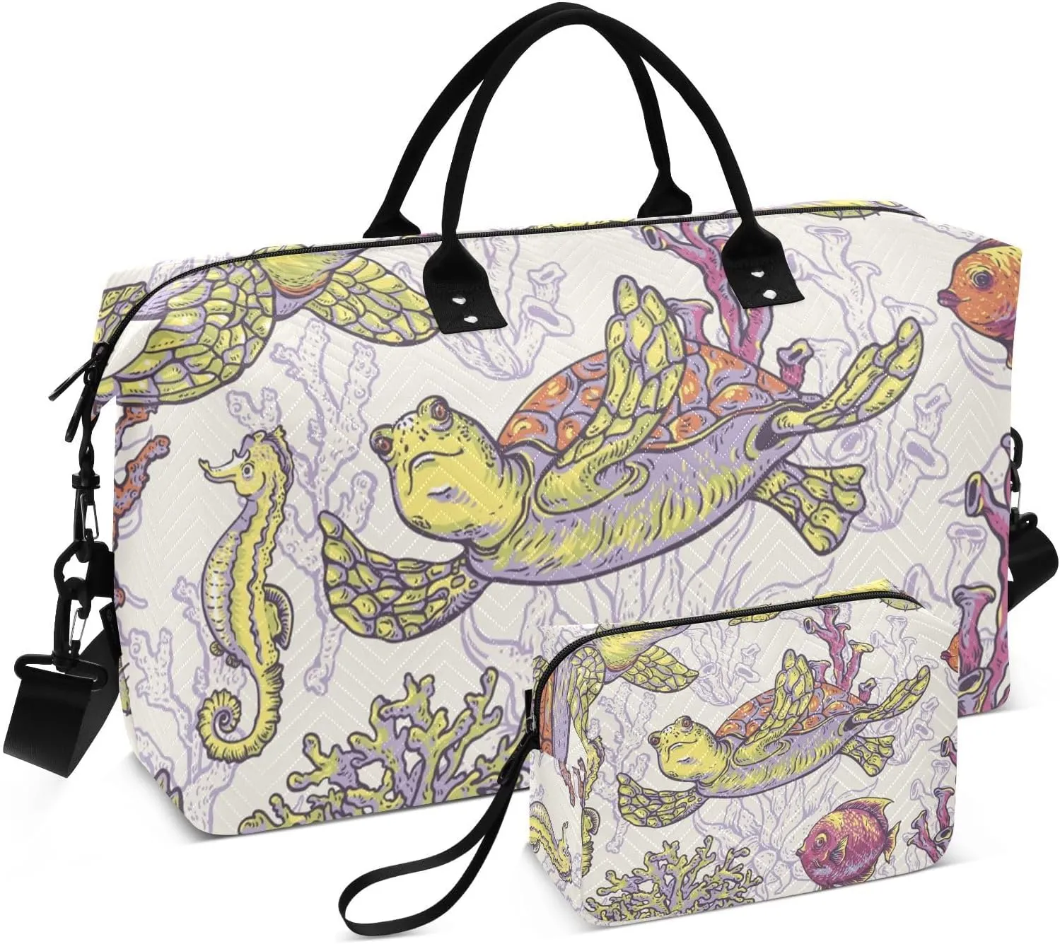 Vintage Sea Life Natural Fish Sea Turtle Shells and Seaweed Travel Duffle Bag, Large Weekender Overnight Bags for Women Men Waterproof Carry on Shoulder Tote Bags for Hospital Maternity Mommy Gym with