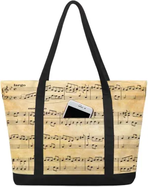 Vintage Sheet Music Tote Bag Tote Bag for Women Reusable Grocery Shopping Cloth Bags with Zipper Large Capacity Foldable Handbag Gym Bag for Gift Activity