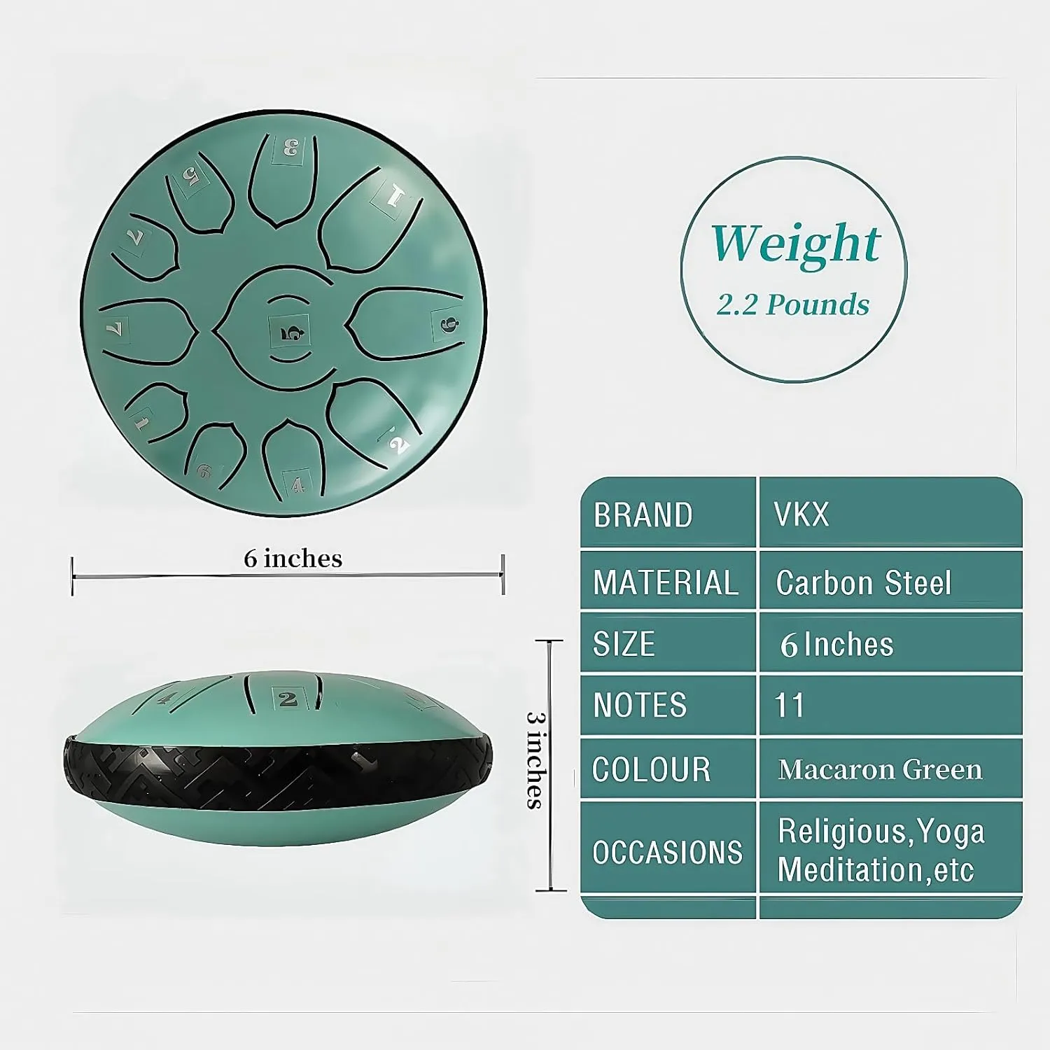 VKX Steel Tongue Drum 6 Inches 11 Notes Hand Drums with Bag Sticks Music Book, Sound Healing Instruments for Musical Education Entertainment Yoga Chakra Gifts (Shallow Green, 6 Inches)