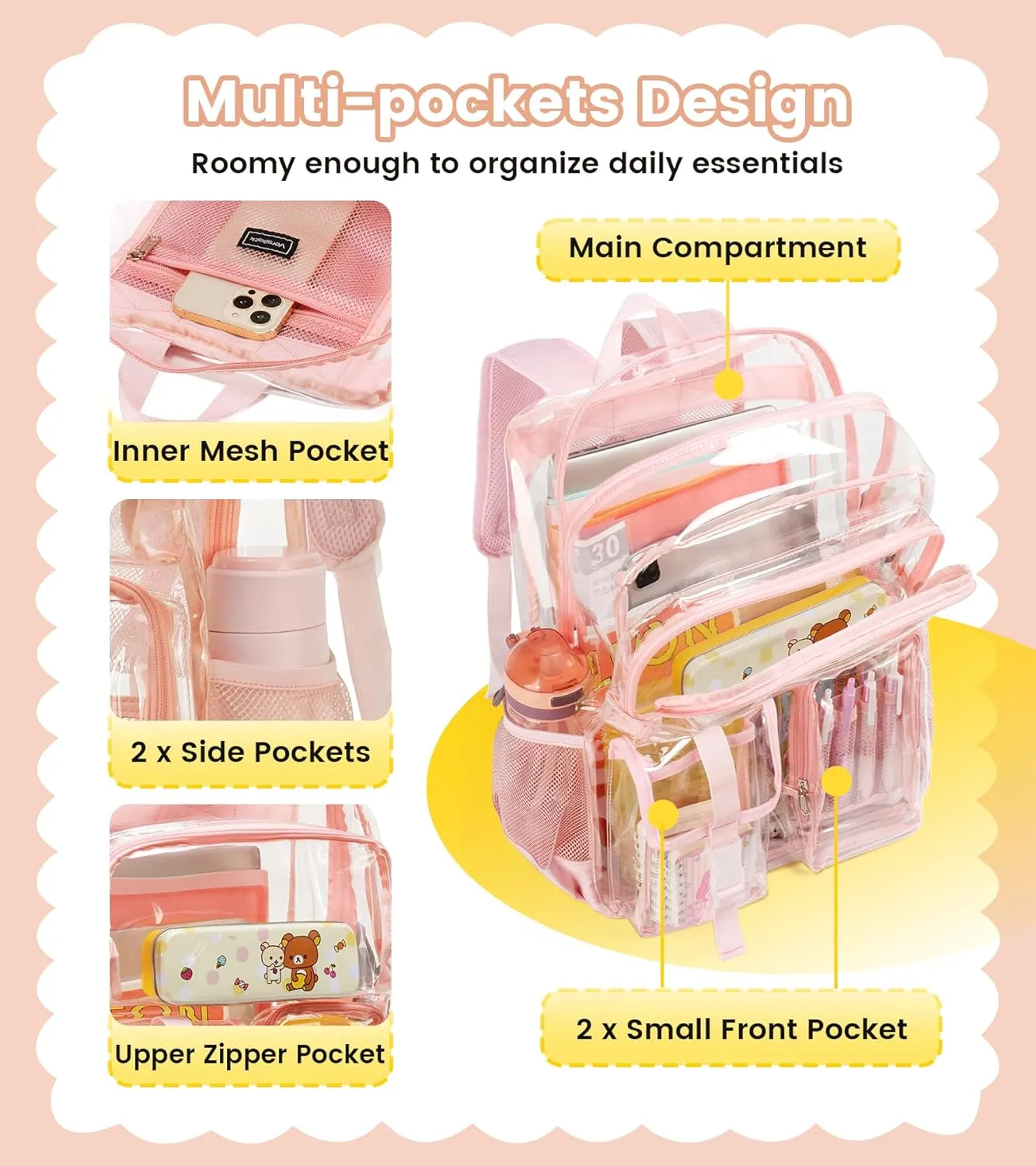 Vorspack Clear Backpack for School - Heavy Duty Transparent Bookbag for Girls Boys Extra Large See Through backpacks for Work, College, Travel - Pink