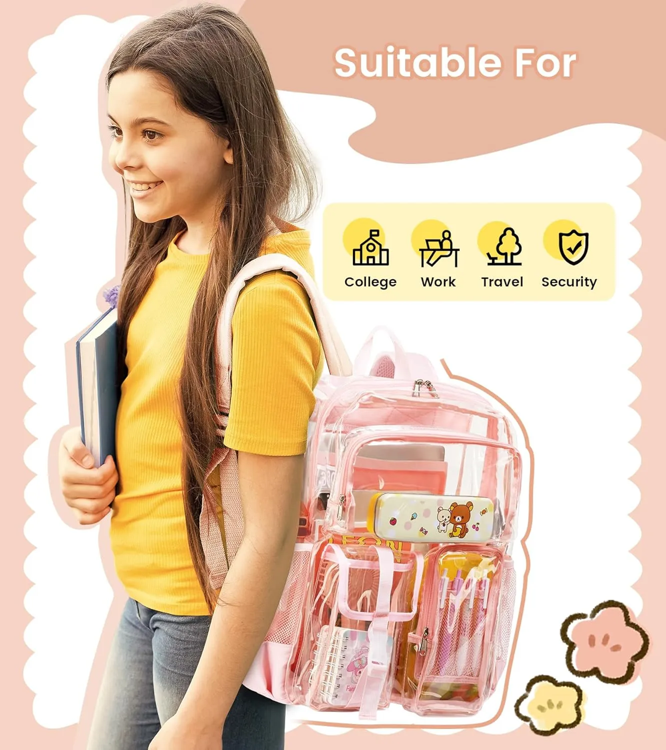Vorspack Clear Backpack for School - Heavy Duty Transparent Bookbag for Girls Boys Extra Large See Through backpacks for Work, College, Travel - Pink