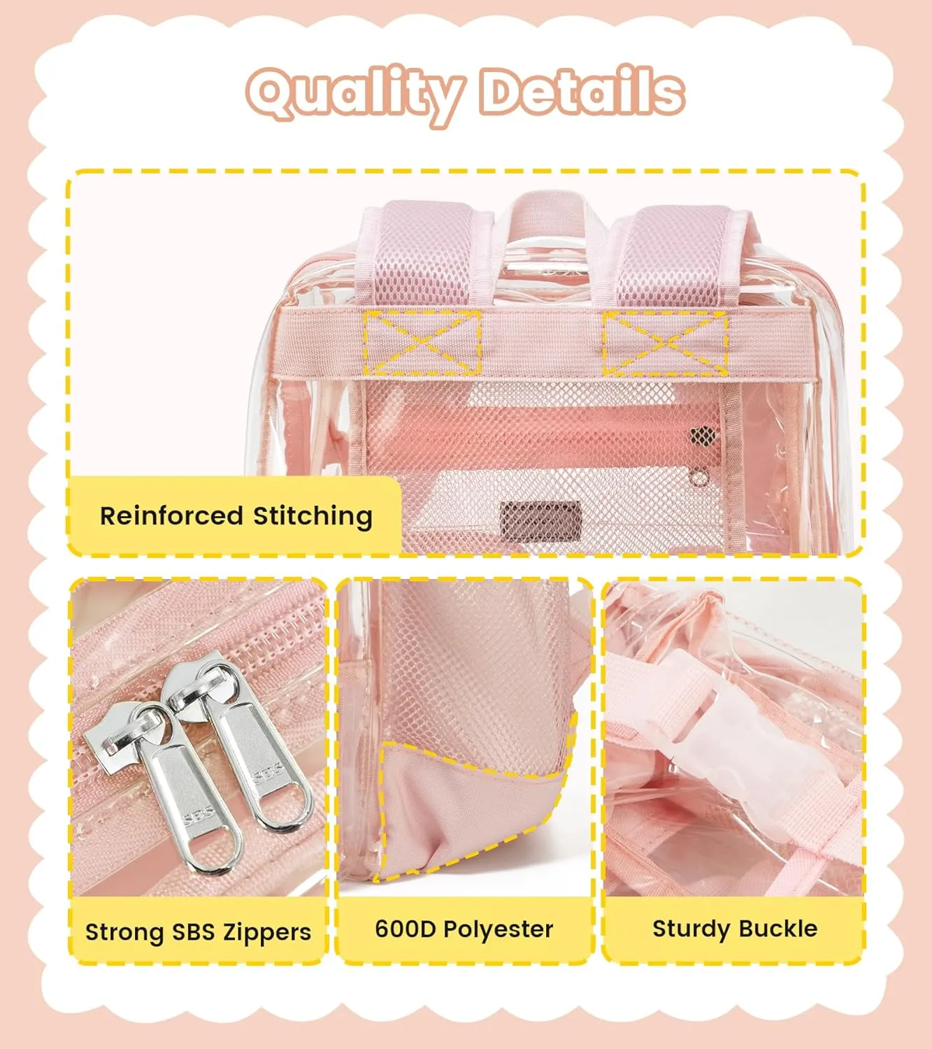 Vorspack Clear Backpack for School - Heavy Duty Transparent Bookbag for Girls Boys Extra Large See Through backpacks for Work, College, Travel - Pink