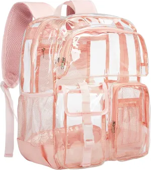 Vorspack Clear Backpack for School - Heavy Duty Transparent Bookbag for Girls Boys Extra Large See Through backpacks for Work, College, Travel - Pink