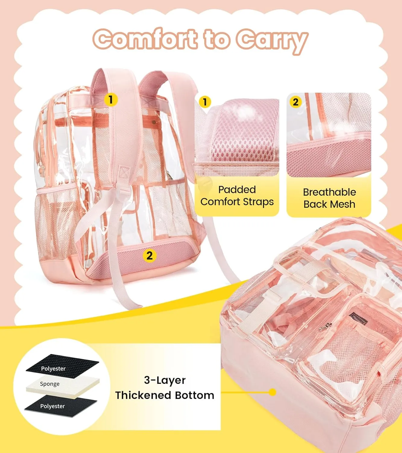 Vorspack Clear Backpack for School - Heavy Duty Transparent Bookbag for Girls Boys Extra Large See Through backpacks for Work, College, Travel - Pink
