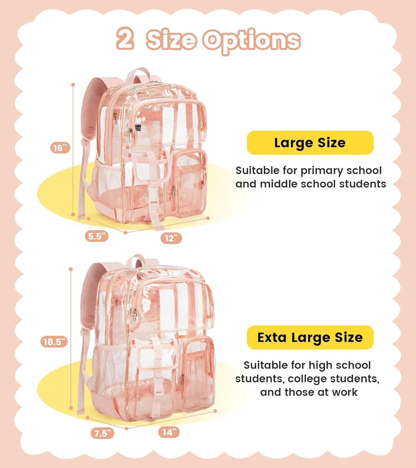 Vorspack Clear Backpack for School - Heavy Duty Transparent Bookbag for Girls Boys Extra Large See Through backpacks for Work, College, Travel - Pink