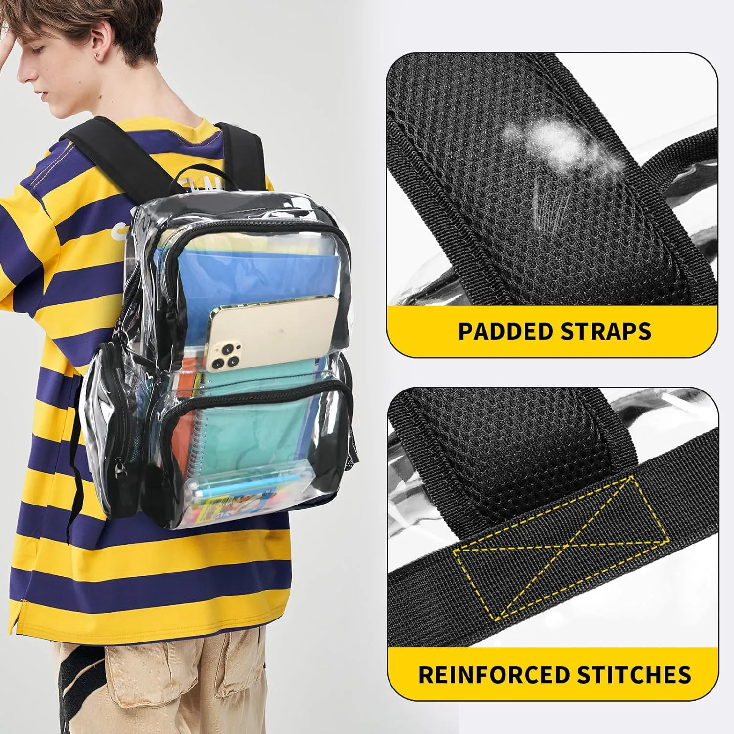 Vorspack Clear Backpack - Heavy Duty Extra Large Transparent Backpack with Reinforced Bottom for College & Workplace Security - Black