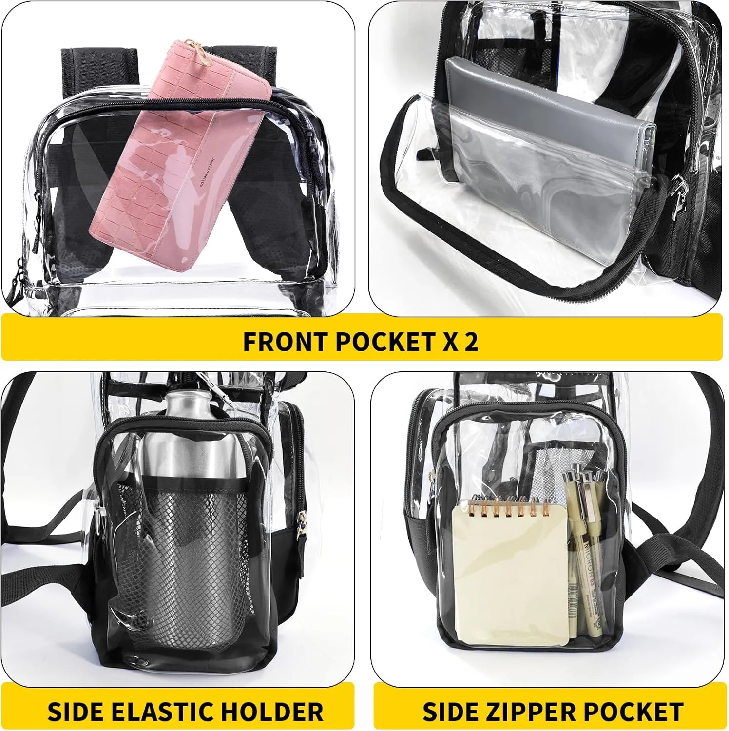 Vorspack Clear Backpack - Heavy Duty Extra Large Transparent Backpack with Reinforced Bottom for College & Workplace Security - Black
