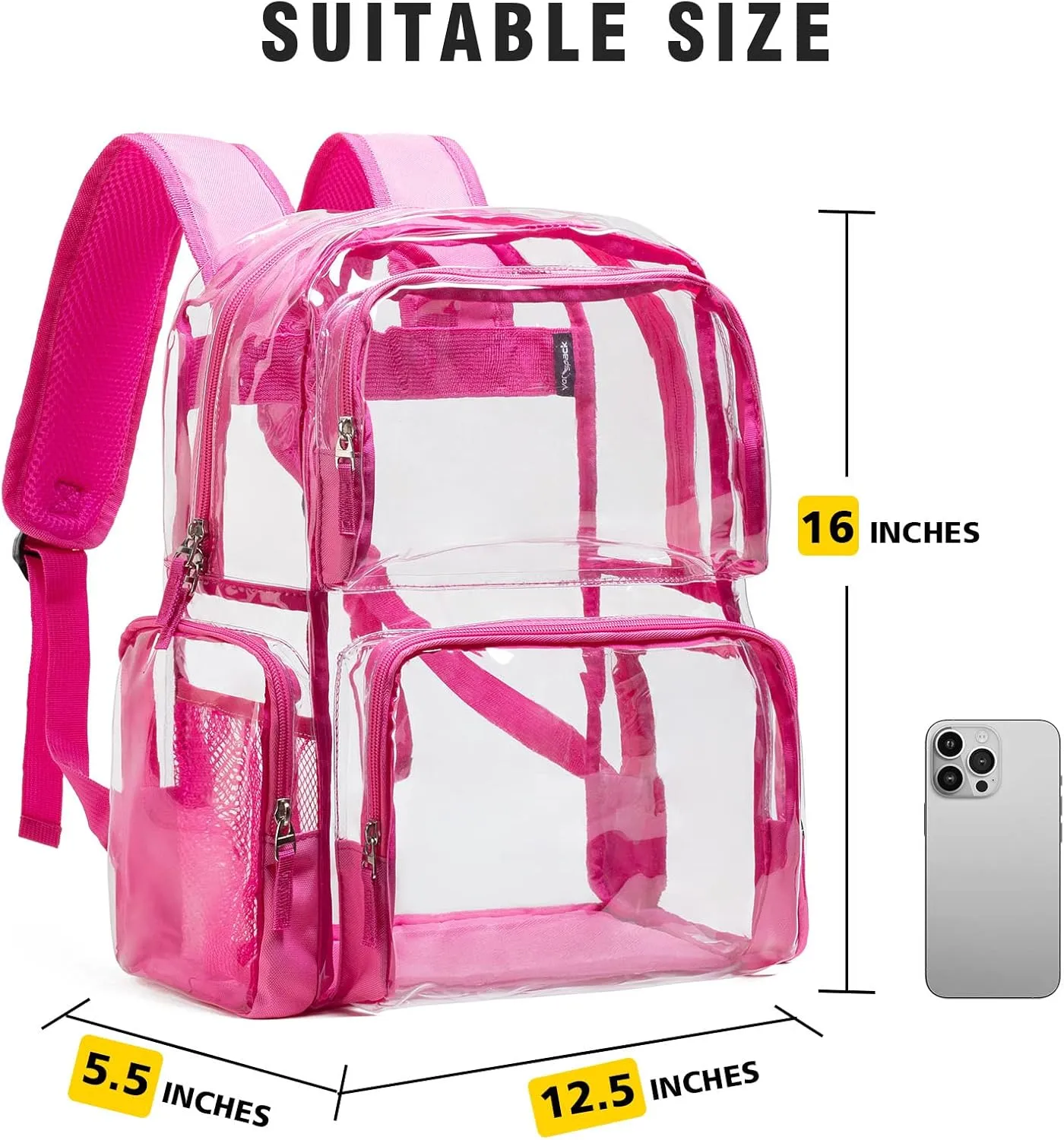 Vorspack Clear Backpack - Transparent Backpack with Reinforced Bottom & Multi-pockets for College Workplace Security - Pink
