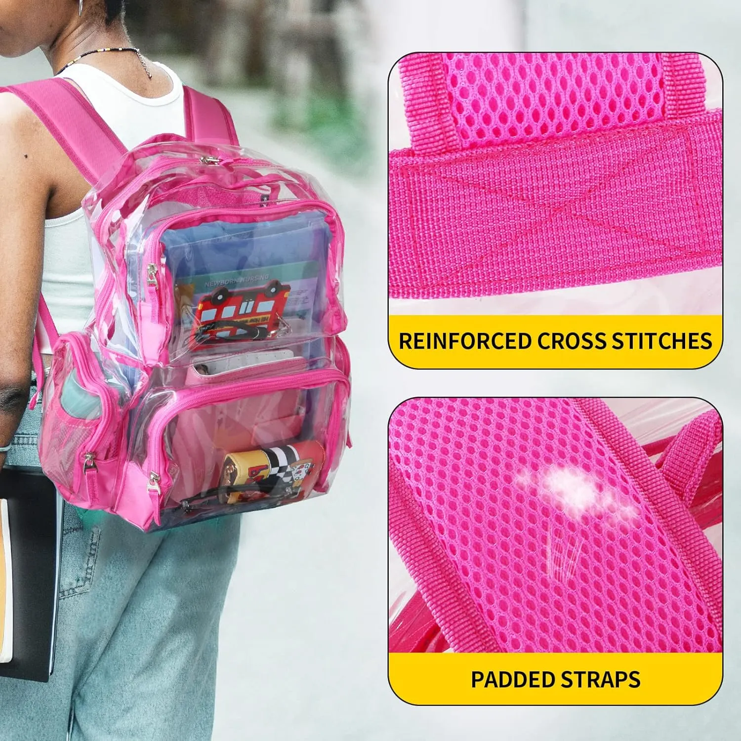 Vorspack Clear Backpack - Transparent Backpack with Reinforced Bottom & Multi-pockets for College Workplace Security - Pink