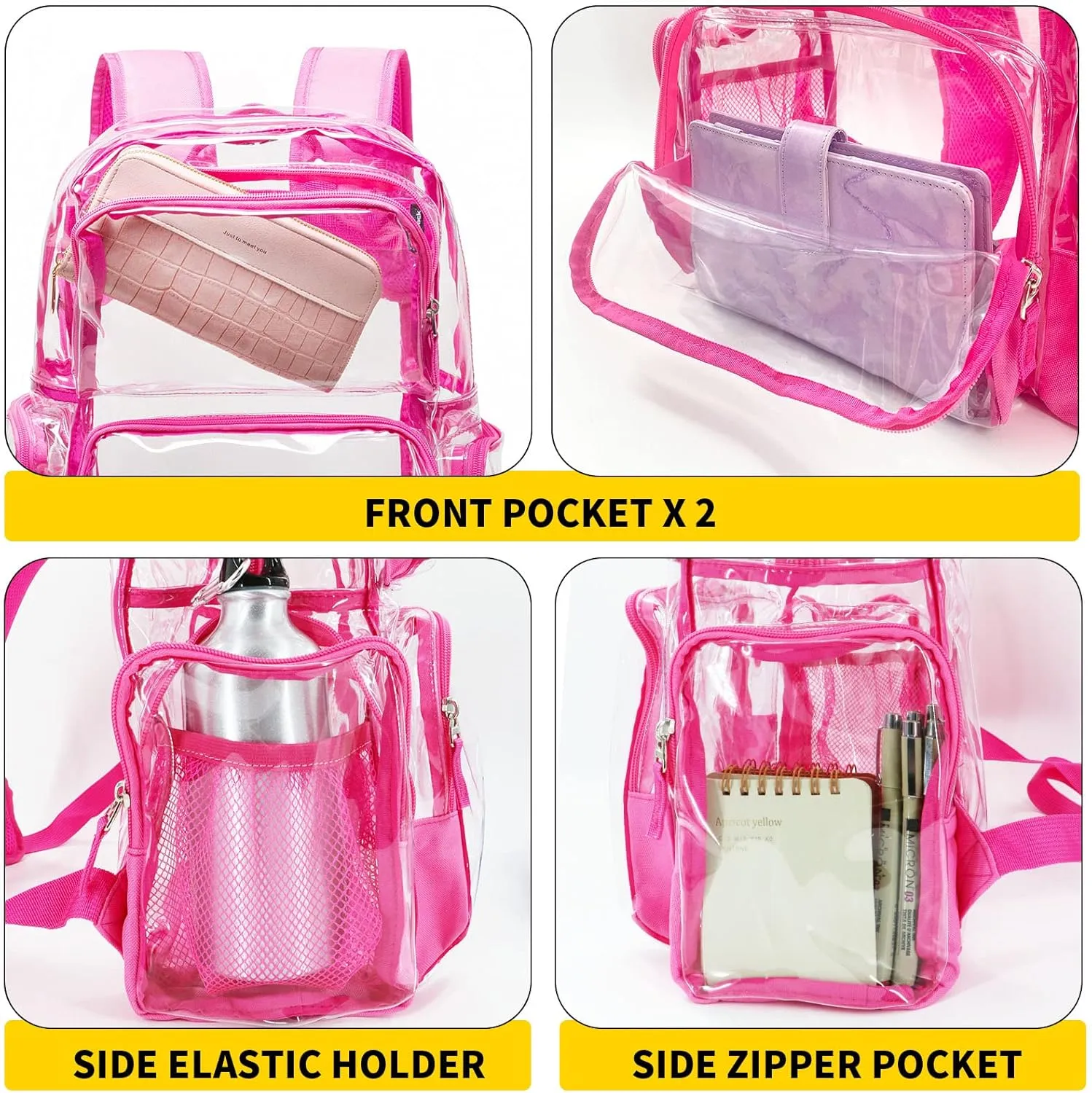 Vorspack Clear Backpack - Transparent Backpack with Reinforced Bottom & Multi-pockets for College Workplace Security - Pink