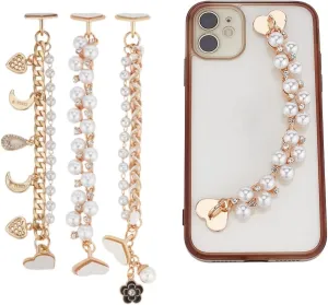 WADORN 3Pcs Beaded Cell Phone Chain Charms, Pearl Decoration Lanyard With Heart Moon Crystal Rhinestone Diamond Gold Universal Mobile Finger Strap for Women