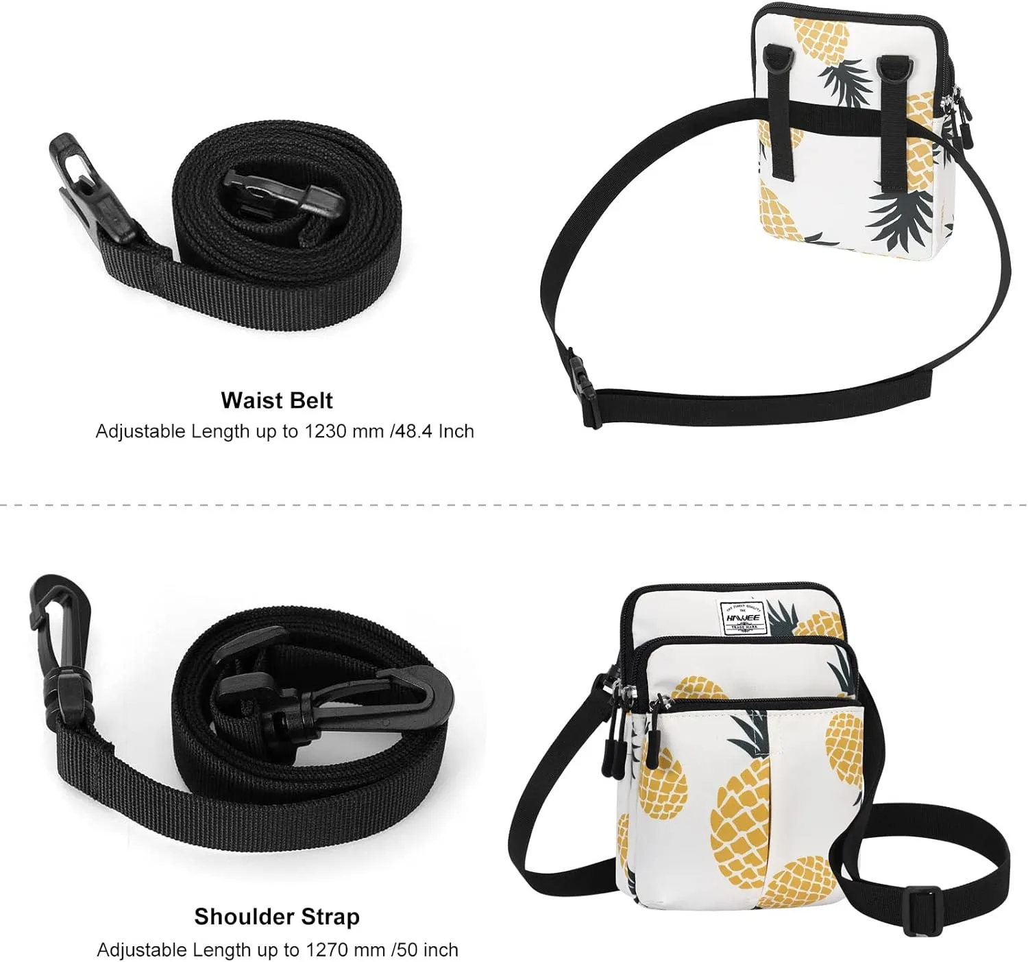 Waist Belt Bag for Women and Men Cross Body Cell Phone Purse Adjustable Shoulder Strap Travel Hip Pouch Multifunctional Fashion Fanny Packs Water Repellent, Pineapple