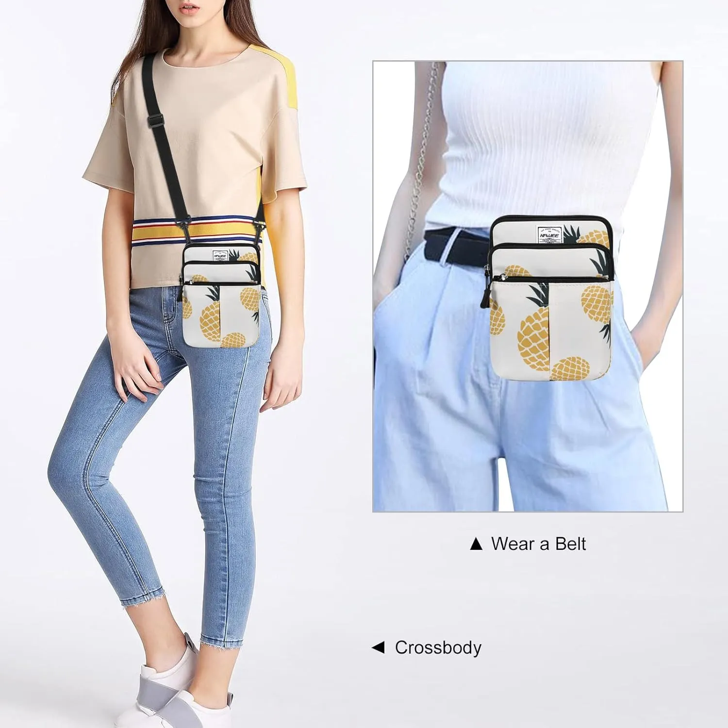 Waist Belt Bag for Women and Men Cross Body Cell Phone Purse Adjustable Shoulder Strap Travel Hip Pouch Multifunctional Fashion Fanny Packs Water Repellent, Pineapple